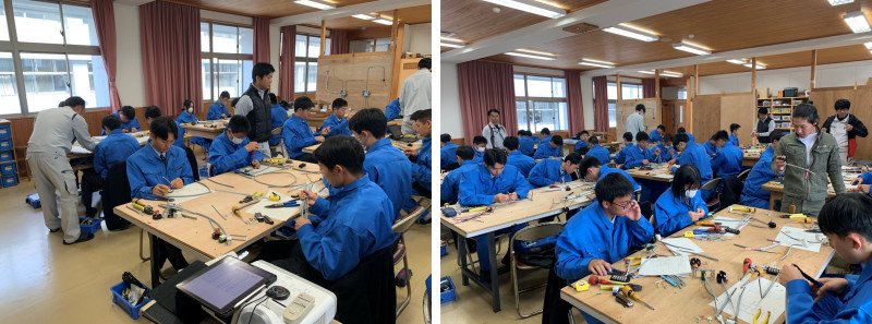 生徒が配線作業に取り組む様子